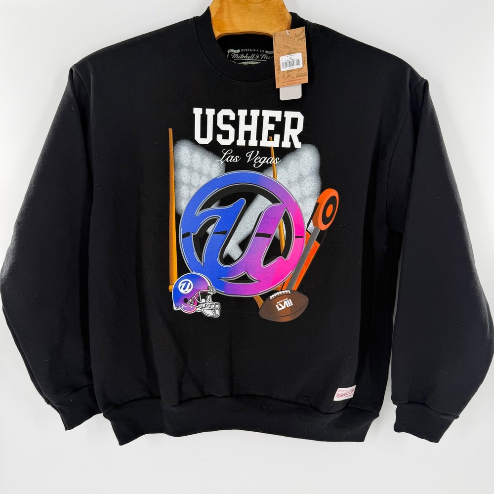 Mitchell & Ness Usher Super Bowl LVIII Las Vegas Crewneck Sweatshirt Black XL